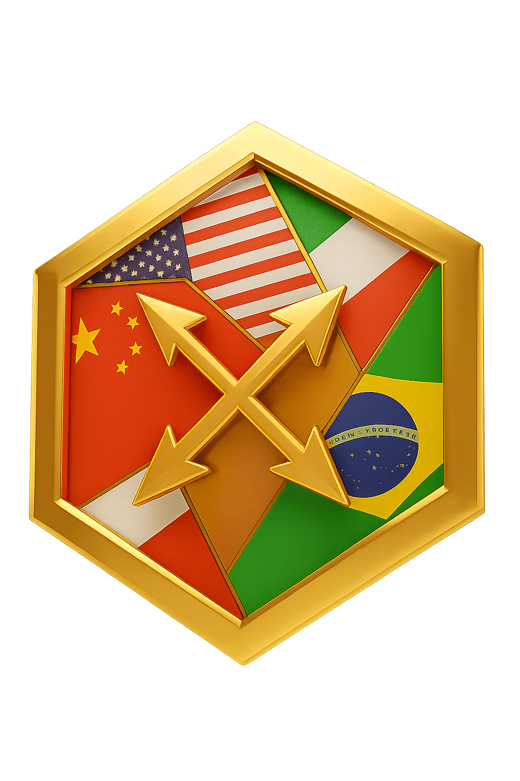 a golden flag badge with multi directional arrows